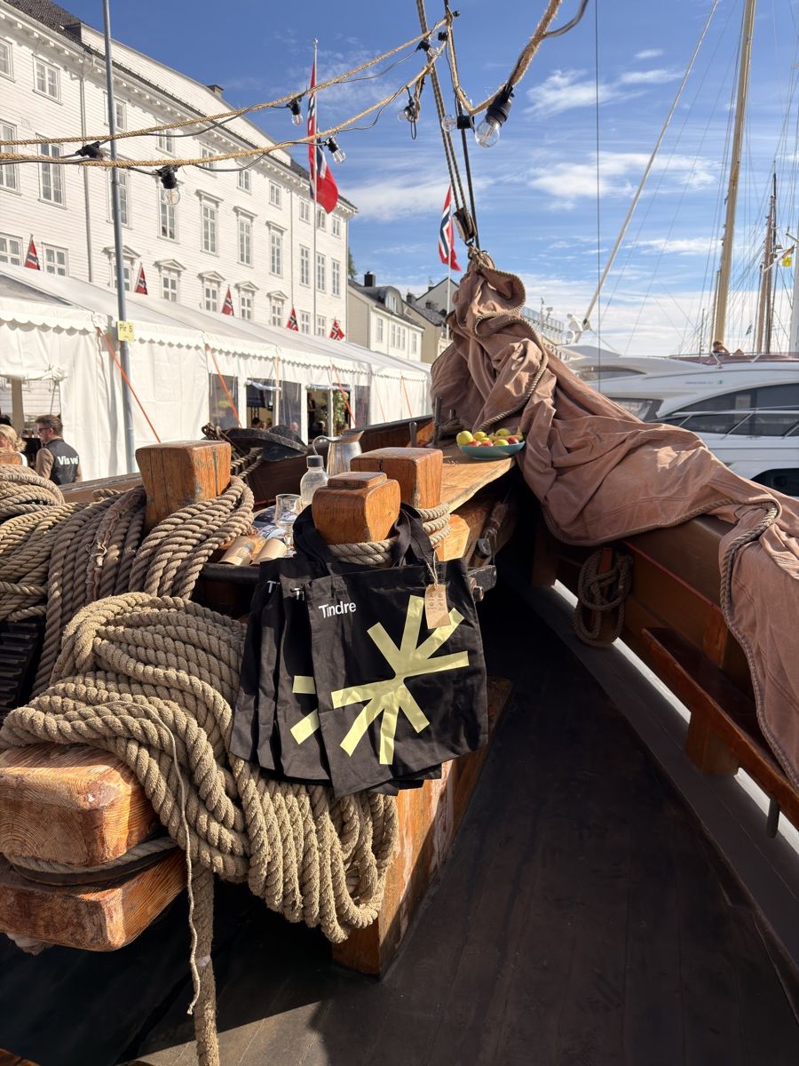 En svart Tindre-totebag henger på rekka om bord i Deodar, med brygga i Arendal bak.